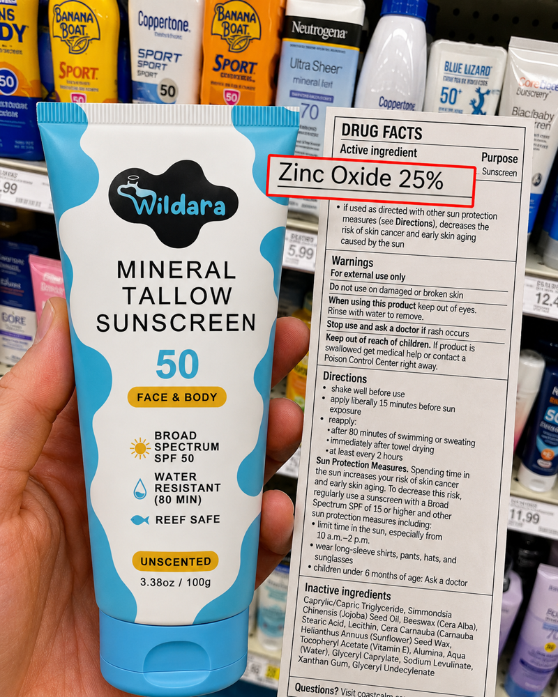 HolyCow's Wildara Sunscreen next to drugstore chemical sunscreens